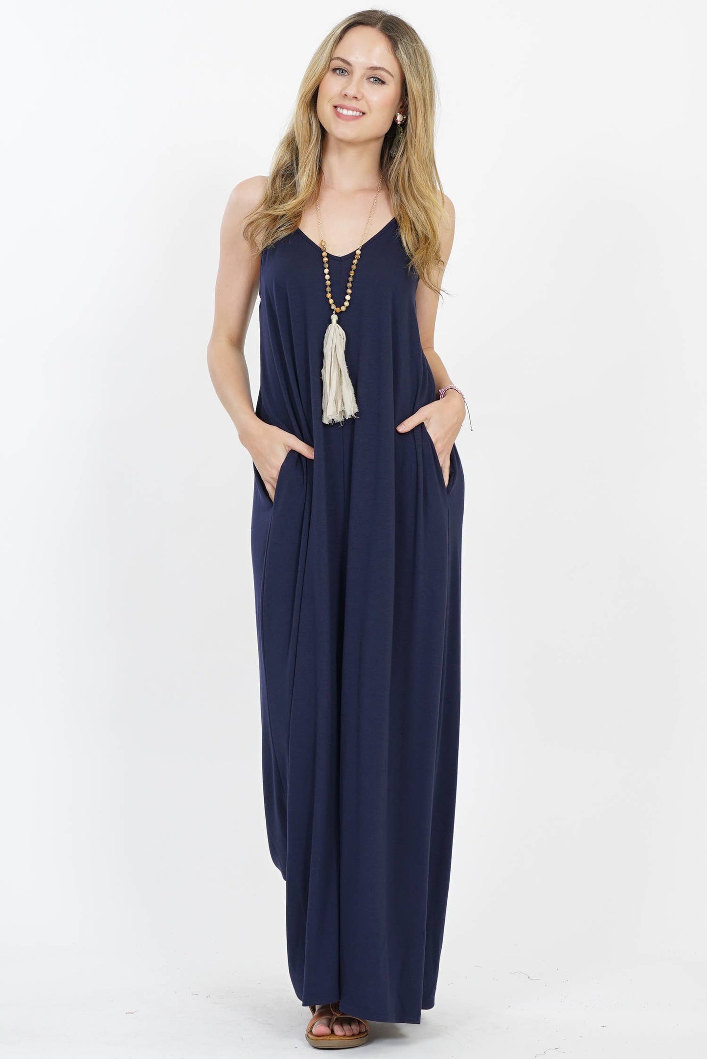 `.V Neck Cami Maxi Dress With Side Pockets