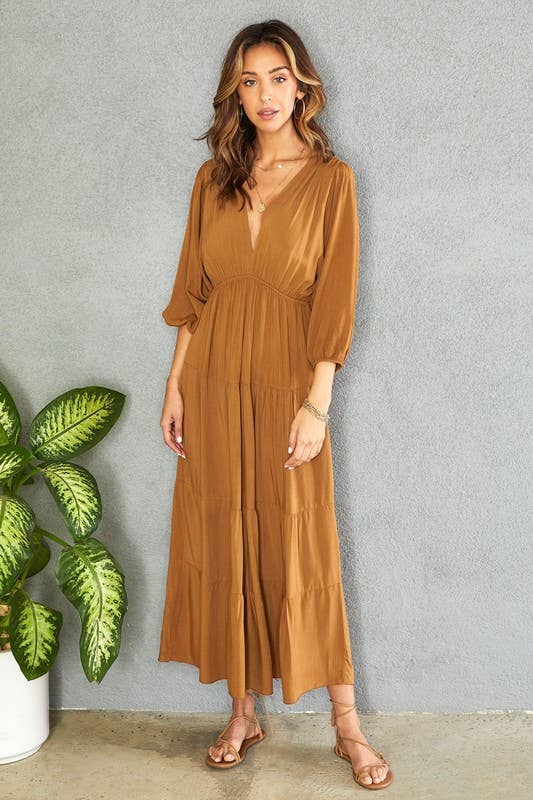LONG SLEEVE TIERED V- NECK MAXI DRESS(81221)