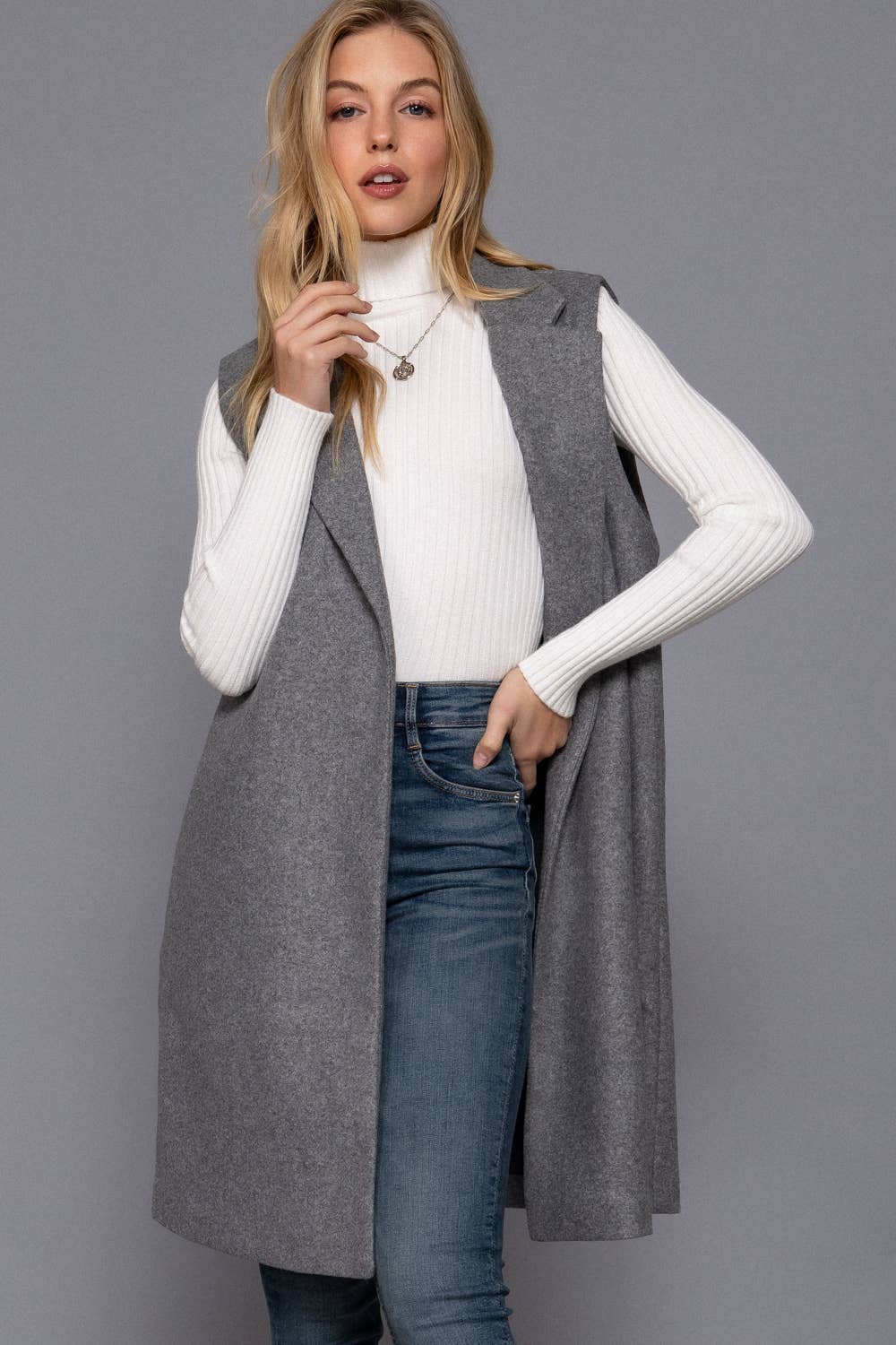 Sleeveless Notched Collar Soft Open Vest