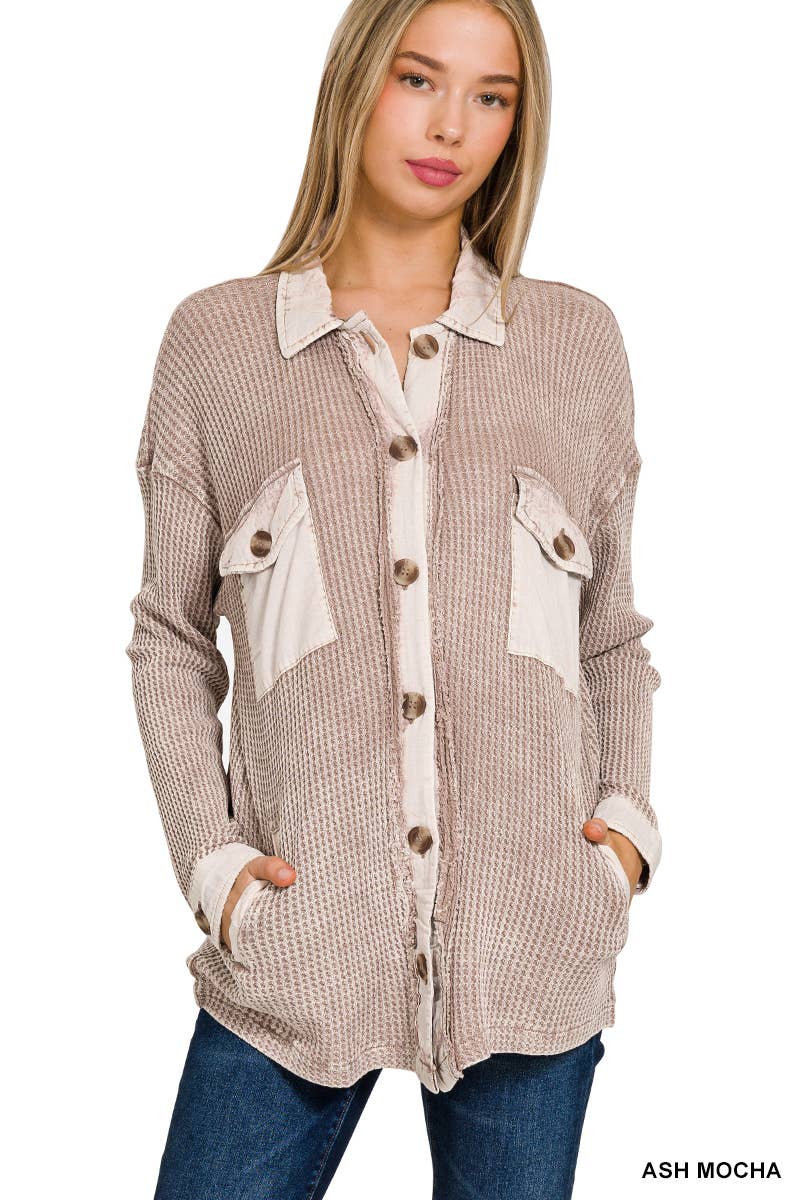 ',....Waffle Acid Wash Oversized Shacket Reg/Crop