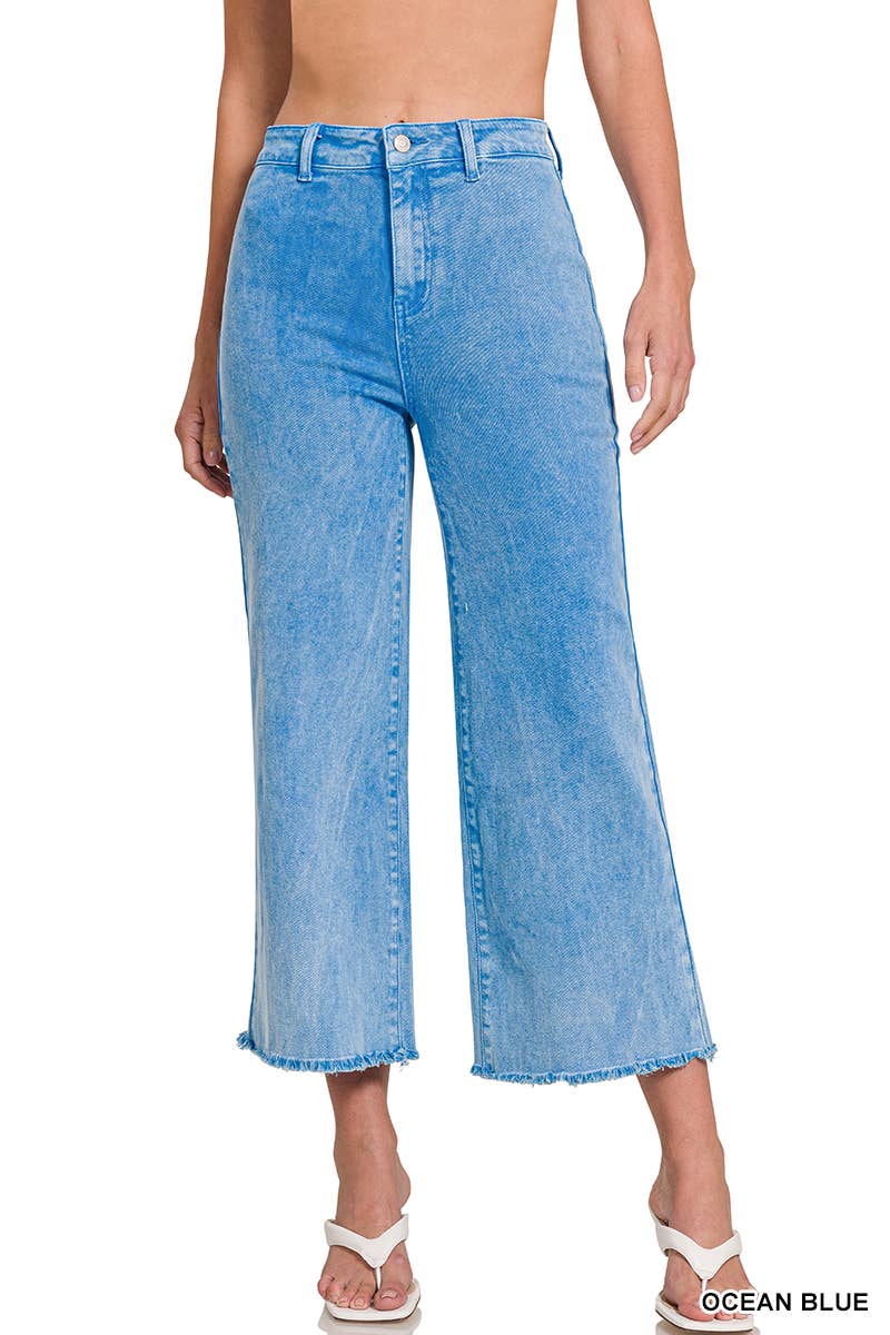",,,..._ Acid Washed Frayed Cutoff Hem Straight Wide Pants