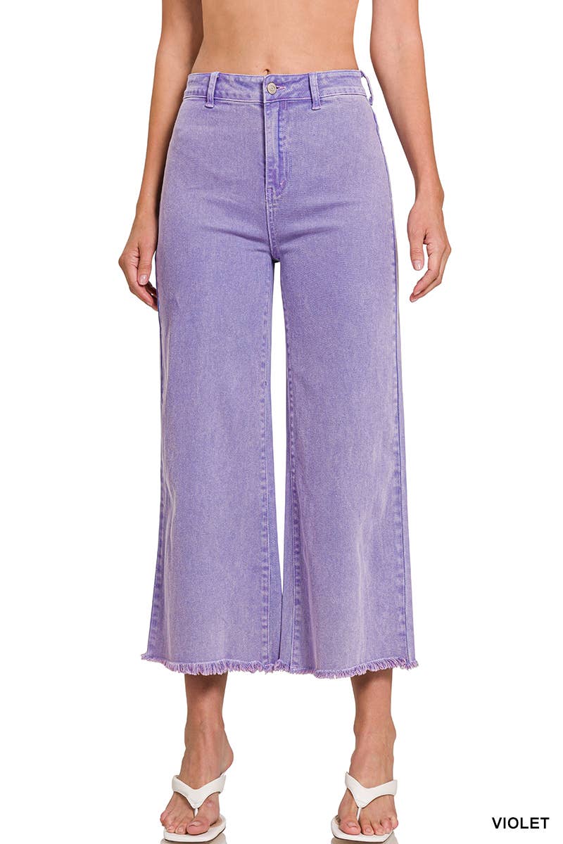 ",,,..._ Acid Washed Frayed Cutoff Hem Straight Wide Pants