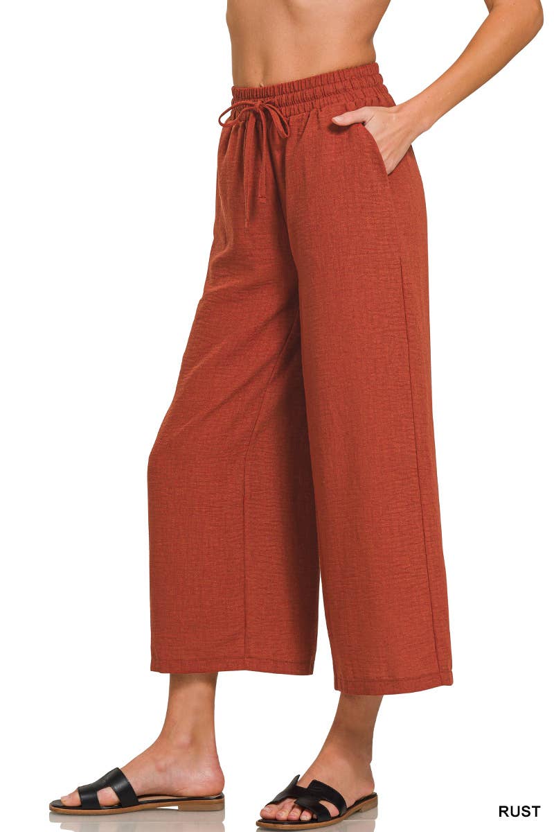 ", Drawstring Elasticband Waist Wide Pants W/ Pockets