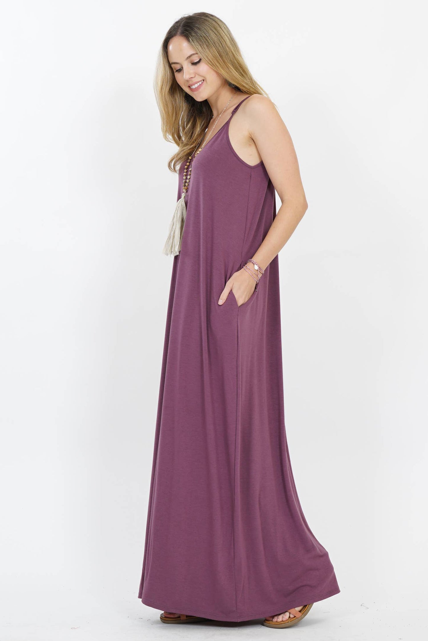 `.V Neck Cami Maxi Dress With Side Pockets