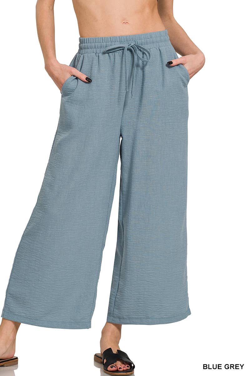 ", Drawstring Elasticband Waist Wide Pants W/ Pockets