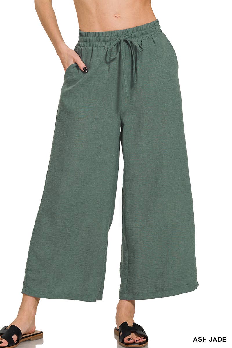 ", Drawstring Elasticband Waist Wide Pants W/ Pockets
