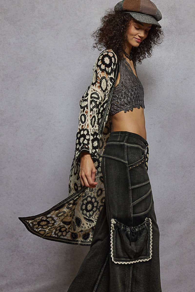 V-neck long sleeve crochet knit weave cardigan
