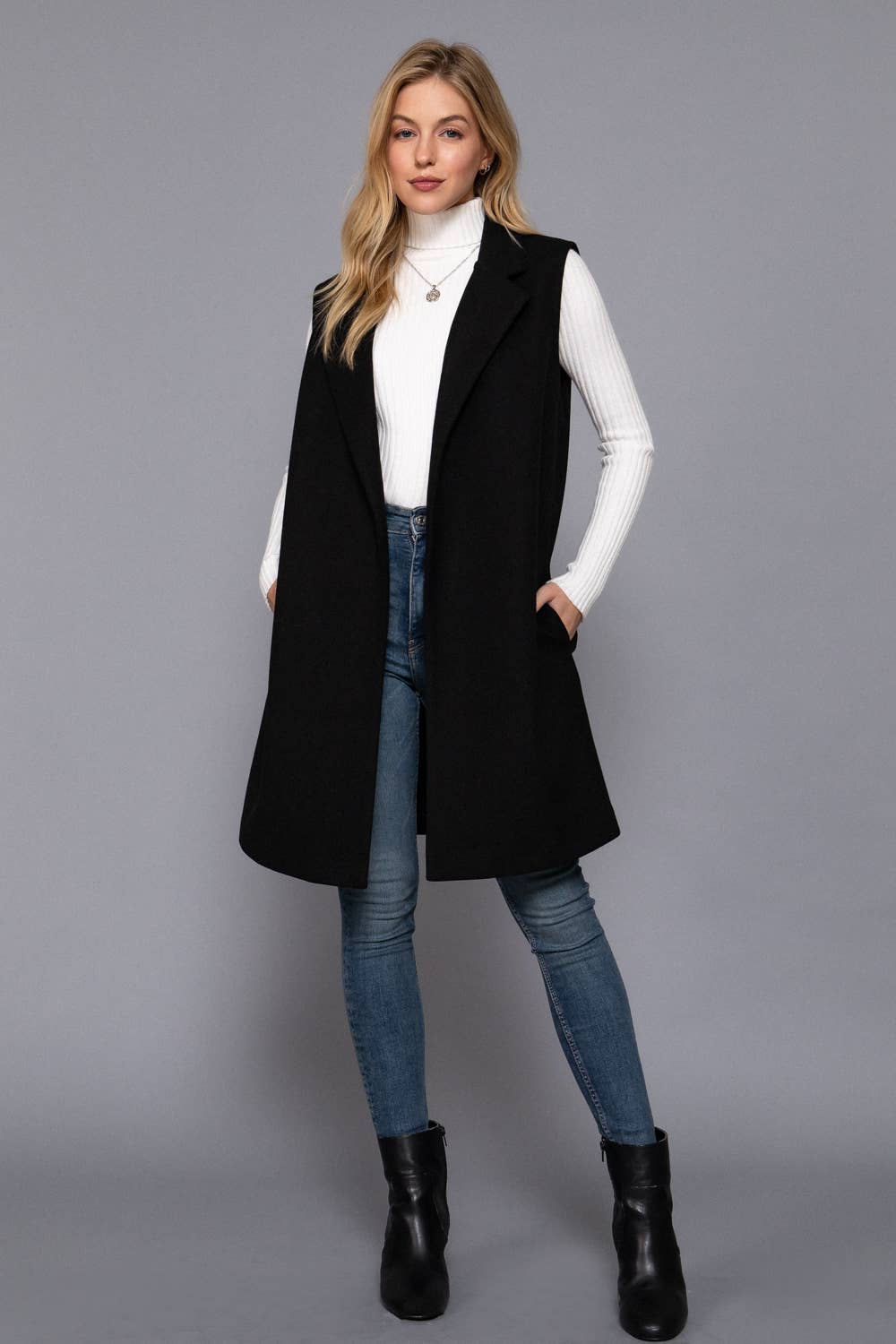 Sleeveless Notched Collar Soft Open Vest
