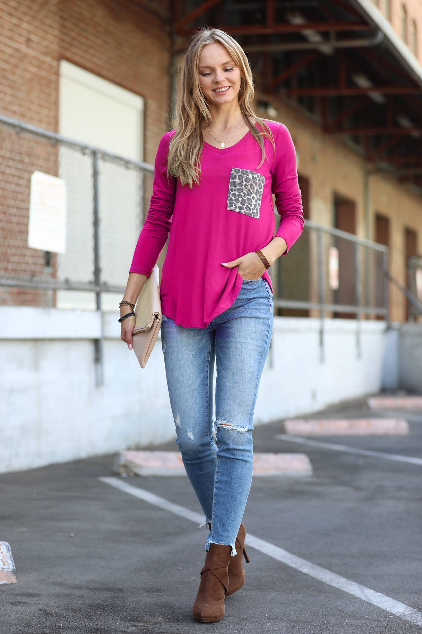 ....Luxe Rayon Long Sleeve V Neck Leopard Pocket Top