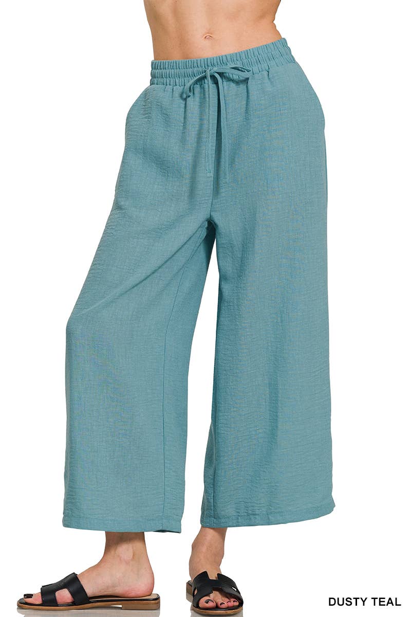 ", Drawstring Elasticband Waist Wide Pants W/ Pockets