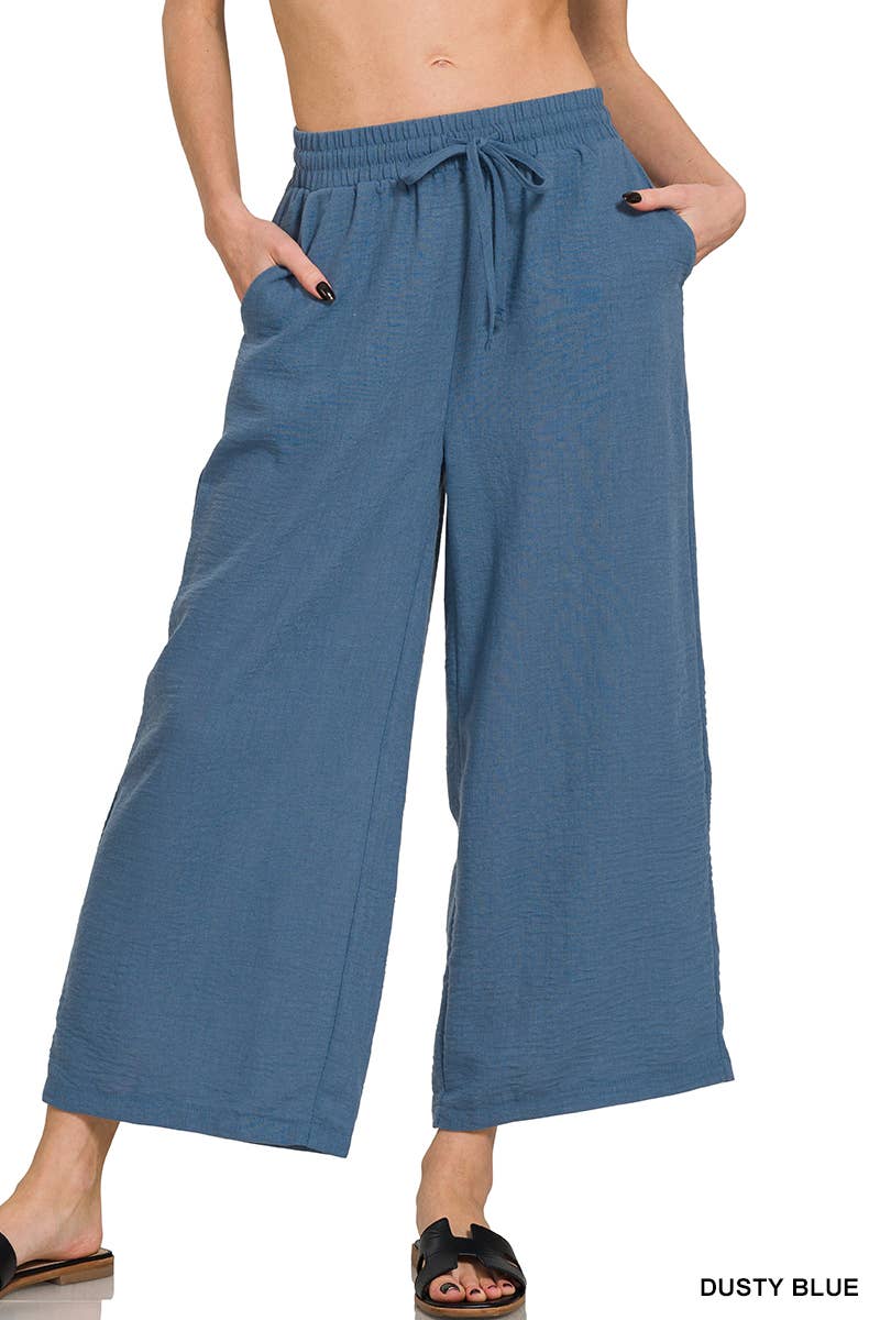 ", Drawstring Elasticband Waist Wide Pants W/ Pockets