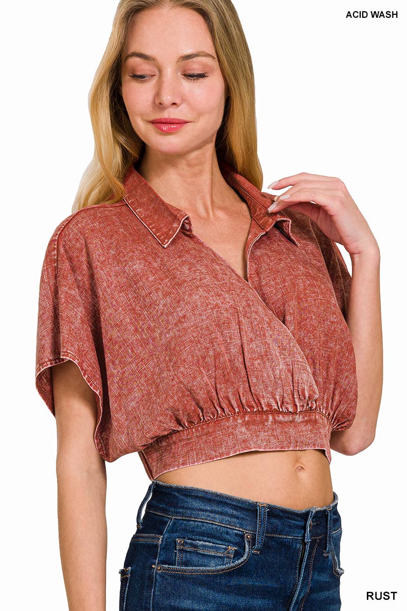 ...SI-25875 Washed Linen Banded Hem Surplice Cropped Top