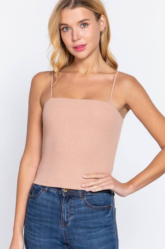 Straight Neck Two Ply Rib Knit Cami Top