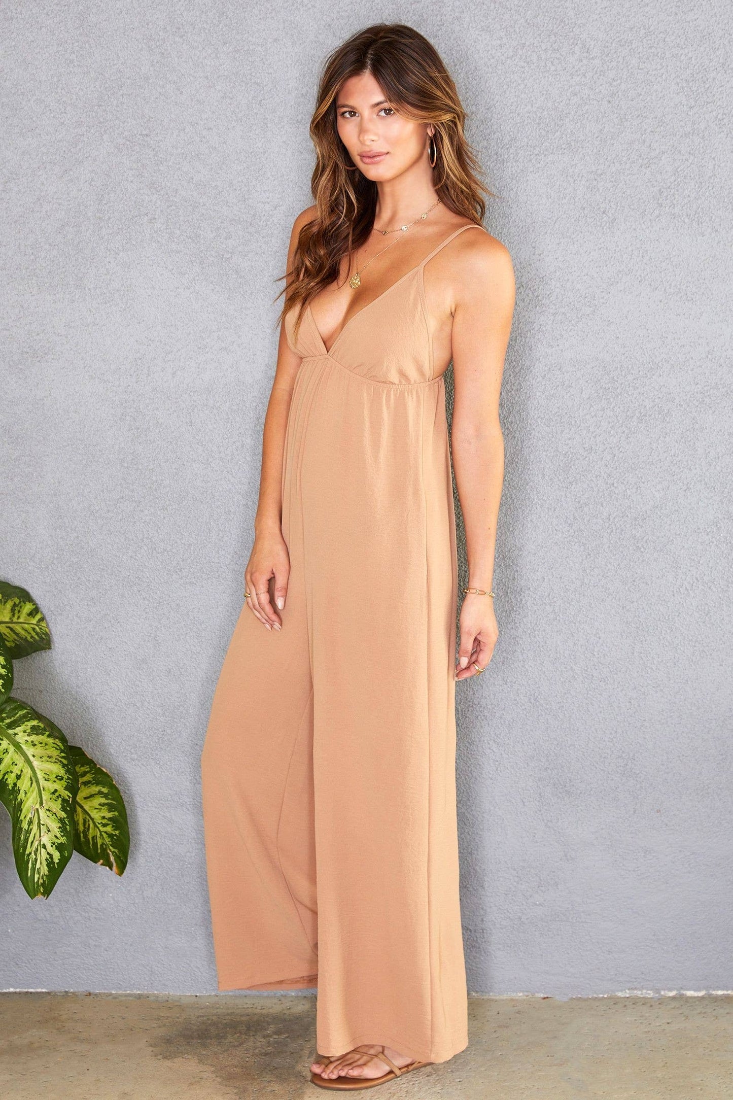 SPAGHETTI STRAP V NECK WIDE LEG PALAZZO JUMPSUIT(L5925-CML)