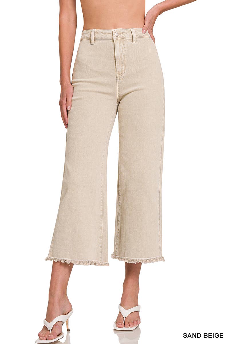 ",,,..._ Acid Washed Frayed Cutoff Hem Straight Wide Pants