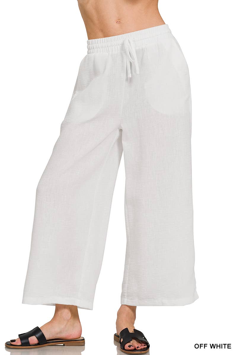 ", Drawstring Elasticband Waist Wide Pants W/ Pockets