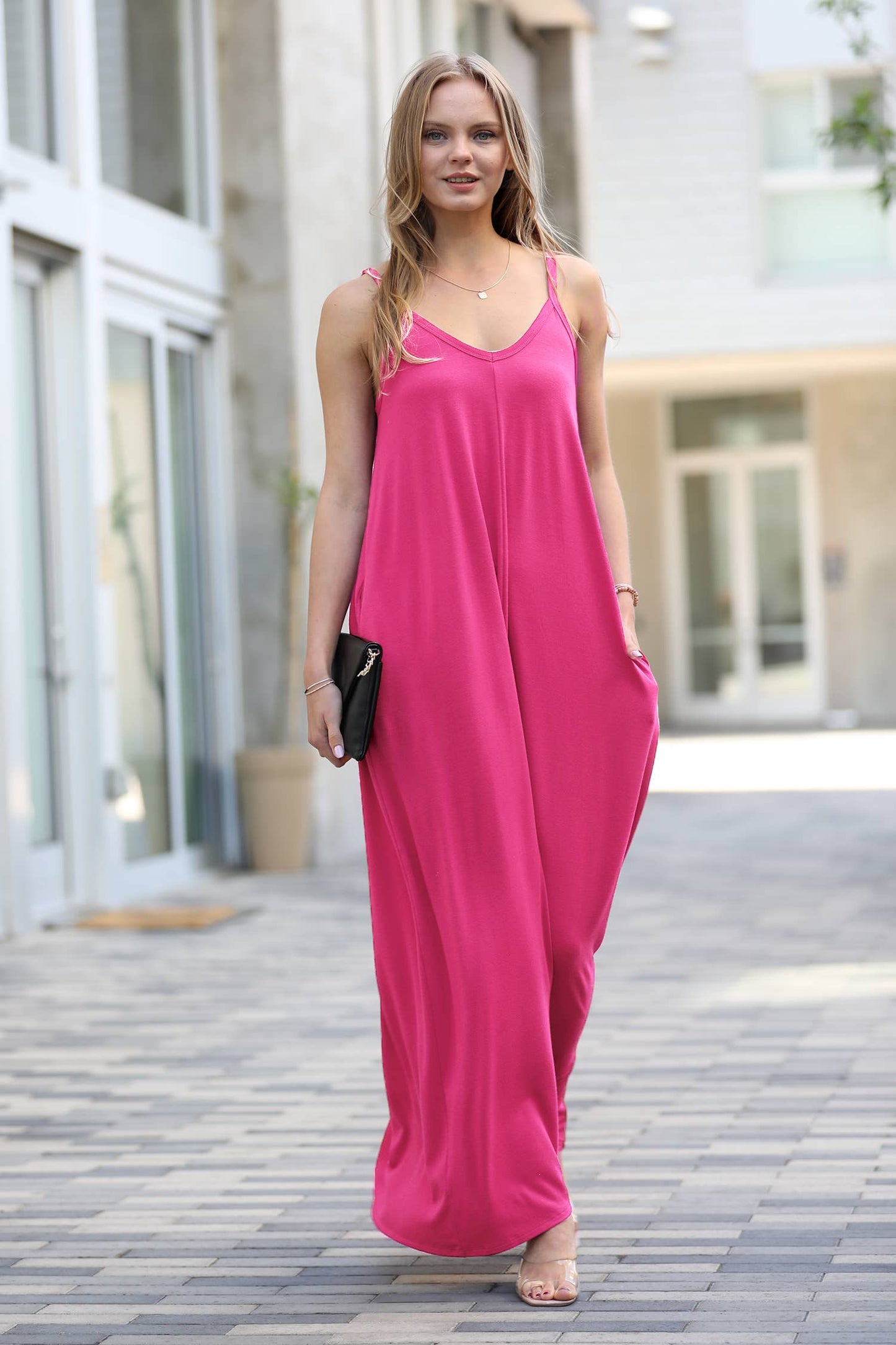 `.V Neck Cami Maxi Dress With Side Pockets