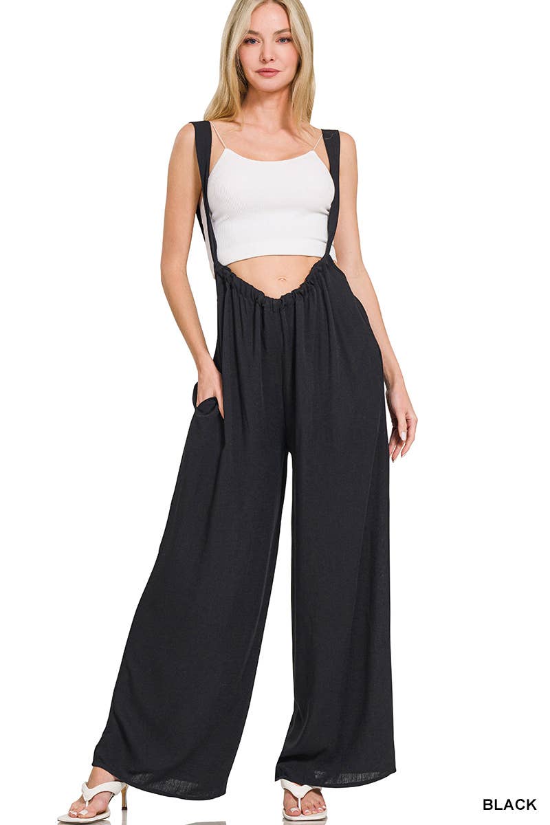 `.Tie Back Suspender Jumpsuit w/ Pockets