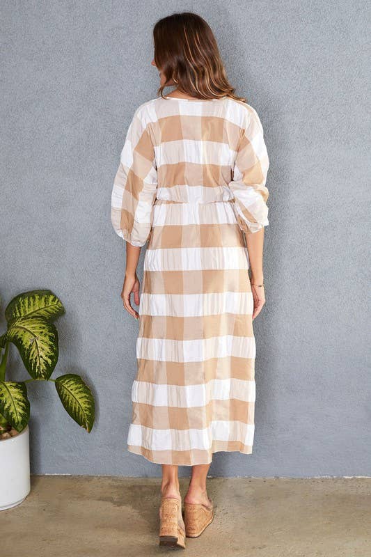 PLAID DEEP V-NECK 3/4 SLEEVE MAXI DRESS (50370-PLAID)