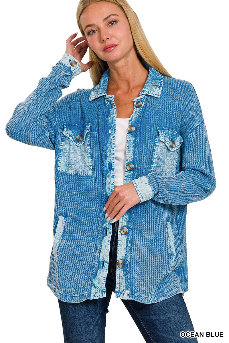 ',....Waffle Acid Wash Oversized Shacket Reg/Crop