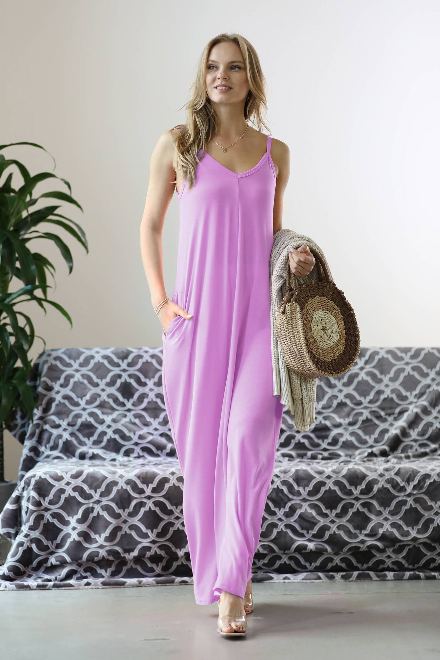 `.V Neck Cami Maxi Dress With Side Pockets