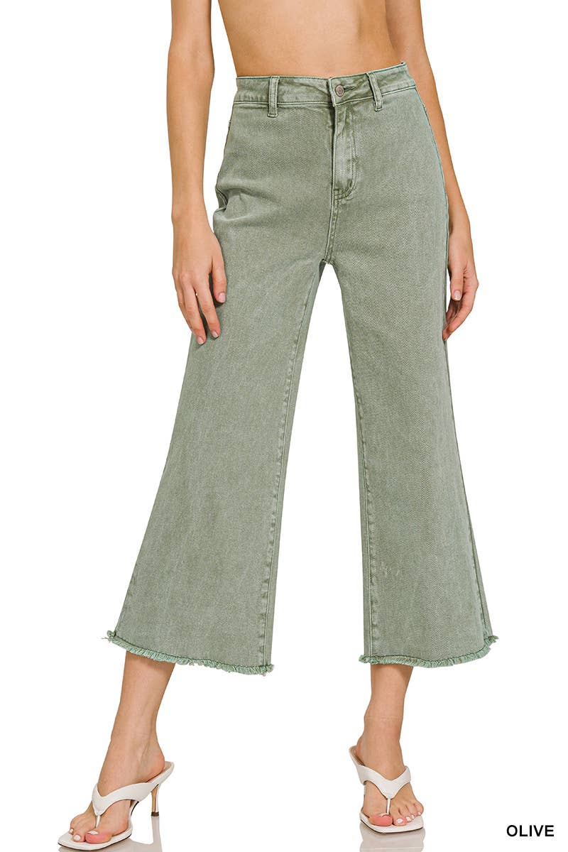 ",,,..._ Acid Washed Frayed Cutoff Hem Straight Wide Pants