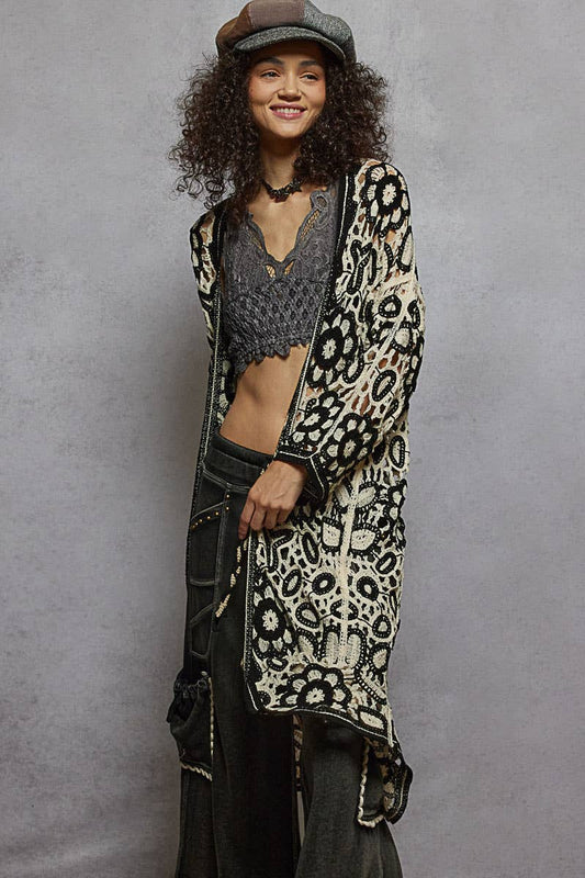 V-neck long sleeve crochet knit weave cardigan