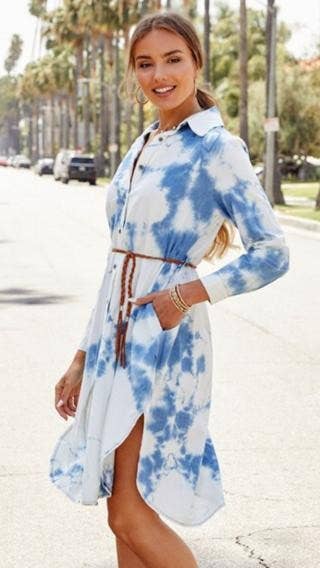 TIE DYE BUTTON DOWN DRESS WITH BRAIDED BELT (A2663-TIEDYE)