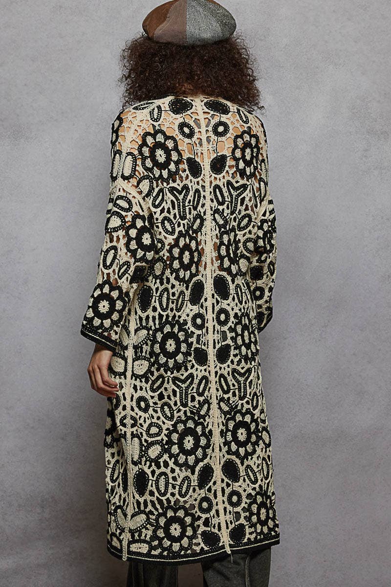 V-neck long sleeve crochet knit weave cardigan