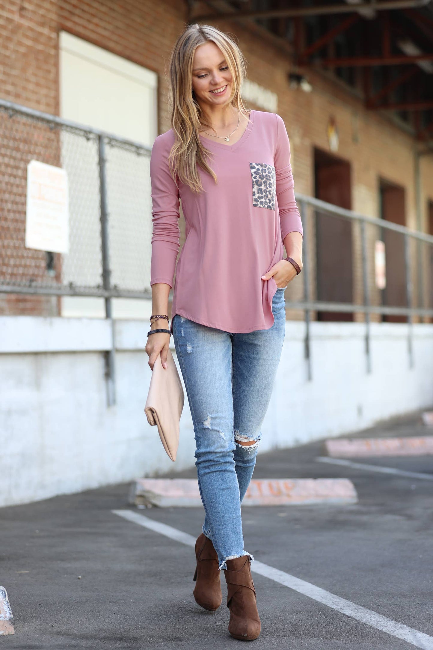 ....Luxe Rayon Long Sleeve V Neck Leopard Pocket Top