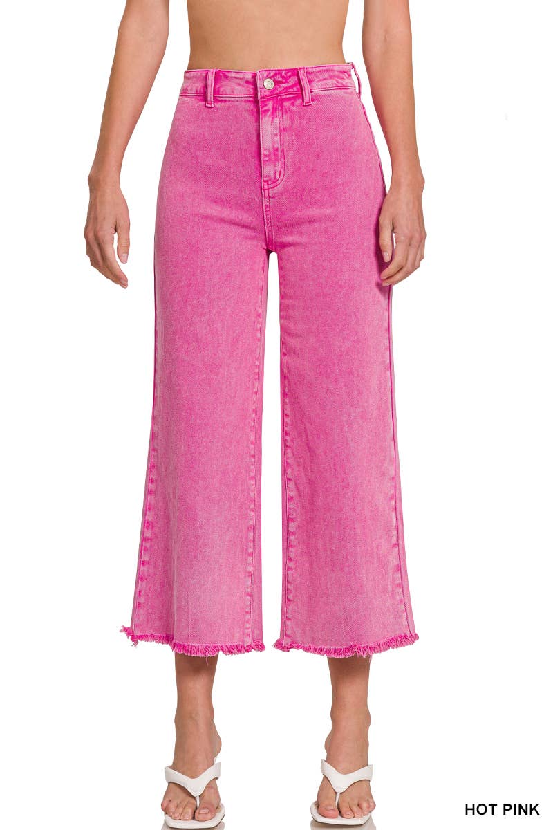 ",,,..._ Acid Washed Frayed Cutoff Hem Straight Wide Pants