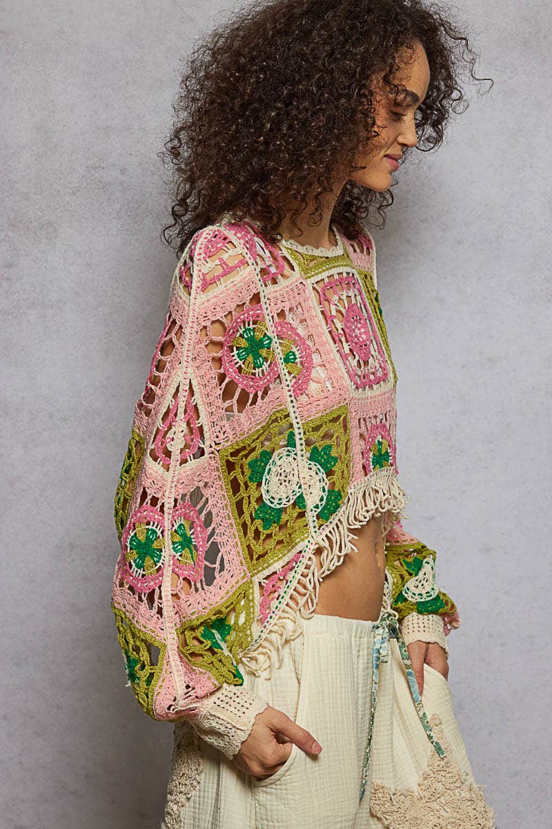 Round neck long sleeve crochet cropped fit top