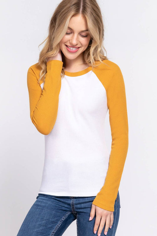 Long Raglan Sleeve Color Block Thermal Knit Top