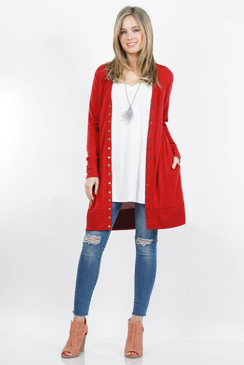 ..SI-25425 Thigh Length Snap Button Sweater Cardigan