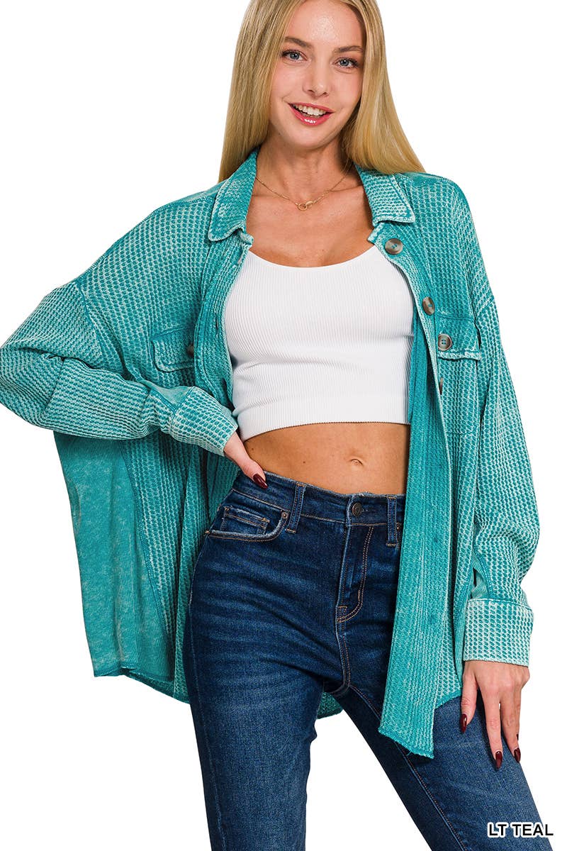 ',....Waffle Acid Wash Oversized Shacket Reg/Crop