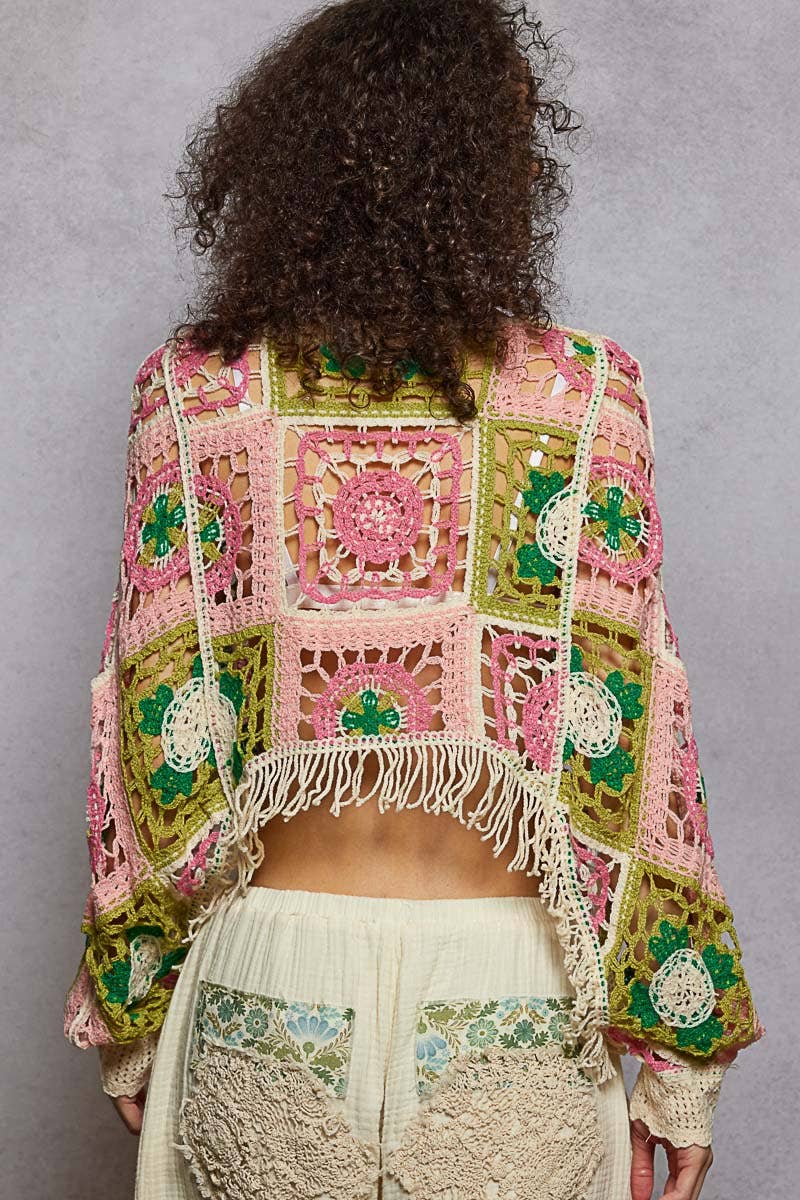 Round neck long sleeve crochet cropped fit top