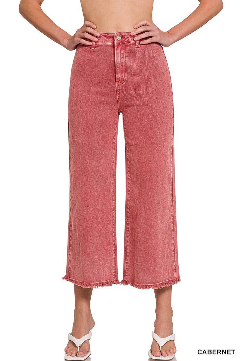 ",,,..._ Acid Washed Frayed Cutoff Hem Straight Wide Pants