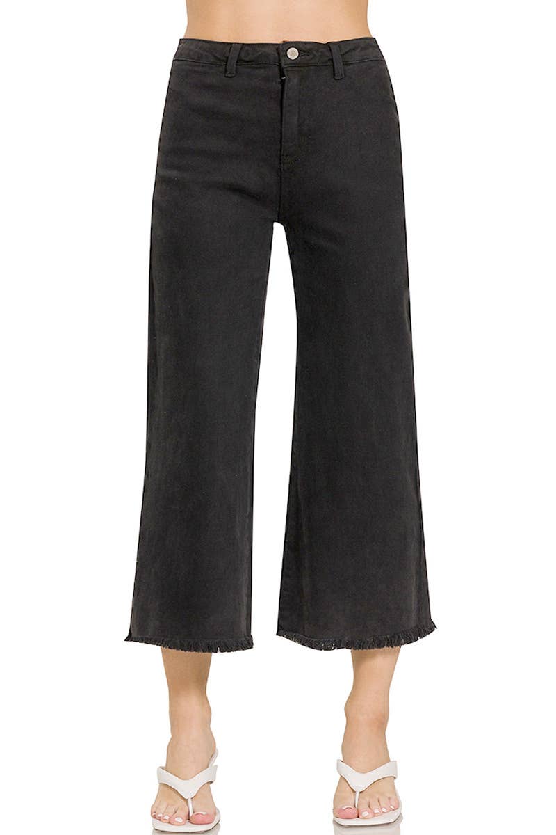 ",,,..._ Acid Washed Frayed Cutoff Hem Straight Wide Pants