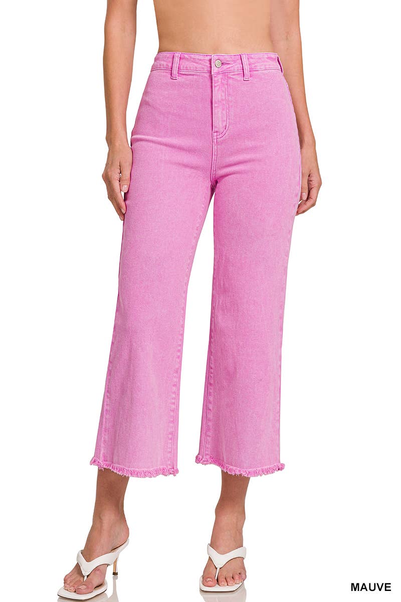 ",,,..._ Acid Washed Frayed Cutoff Hem Straight Wide Pants