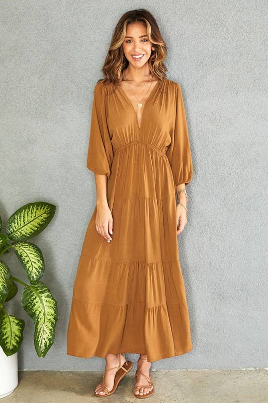 LONG SLEEVE TIERED V- NECK MAXI DRESS(81221)