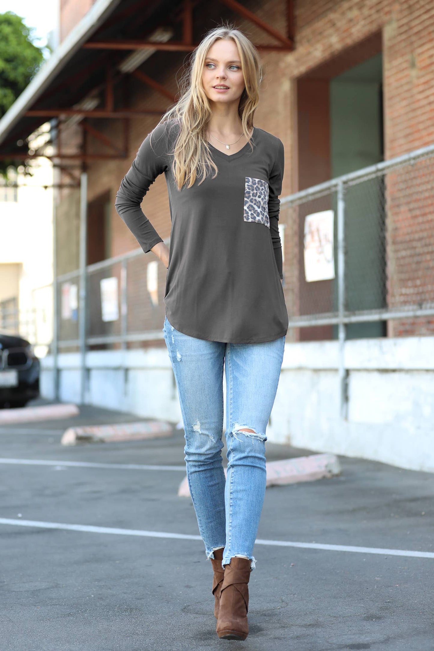 ....Luxe Rayon Long Sleeve V Neck Leopard Pocket Top