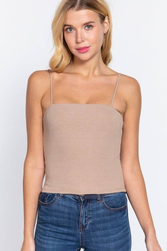 Straight Neck Two Ply Rib Knit Cami Top