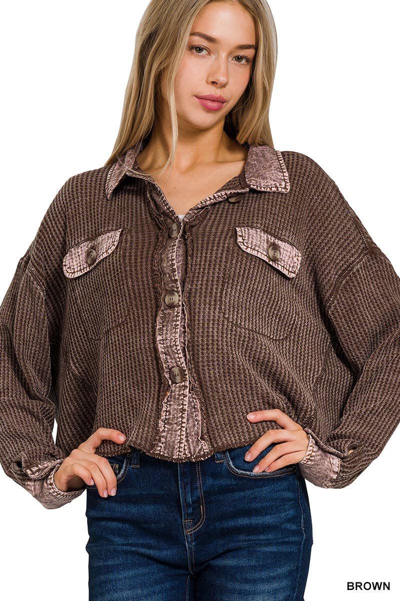 ',....Waffle Acid Wash Oversized Shacket Reg/Crop