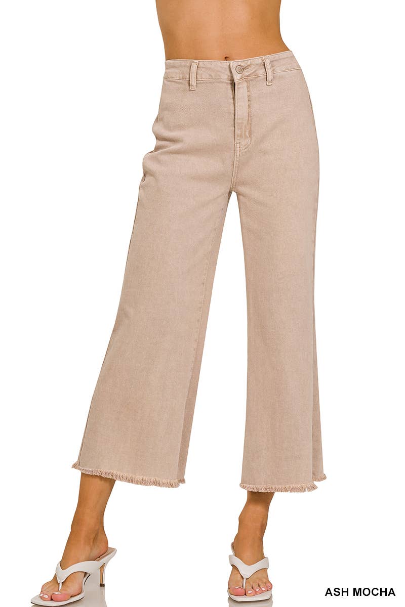 ",,,..._ Acid Washed Frayed Cutoff Hem Straight Wide Pants