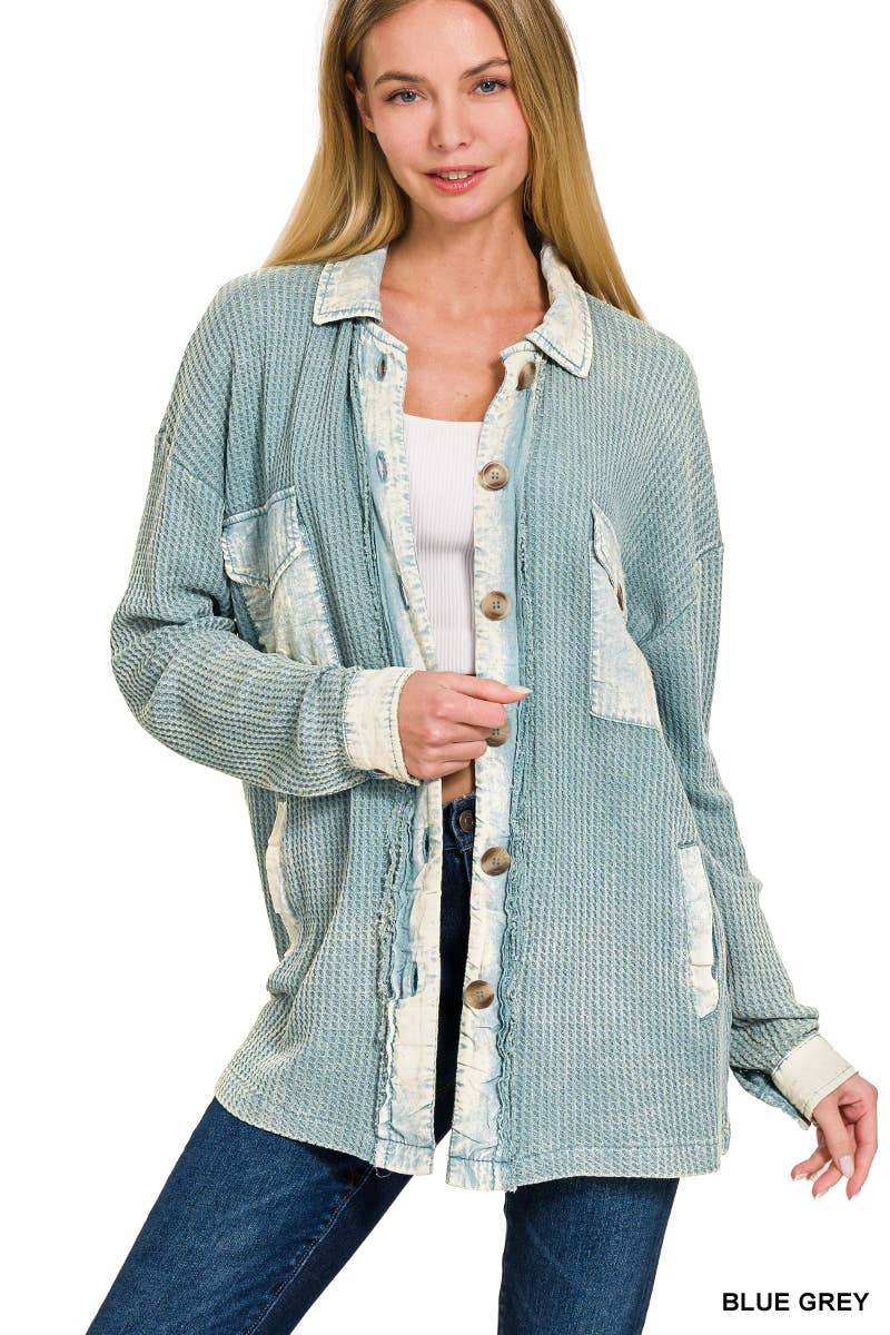 ',....Waffle Acid Wash Oversized Shacket Reg/Crop