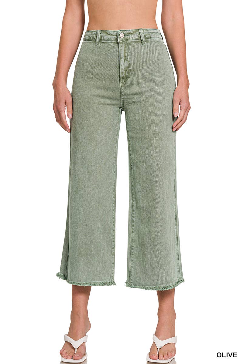 ",,,..._ Acid Washed Frayed Cutoff Hem Straight Wide Pants