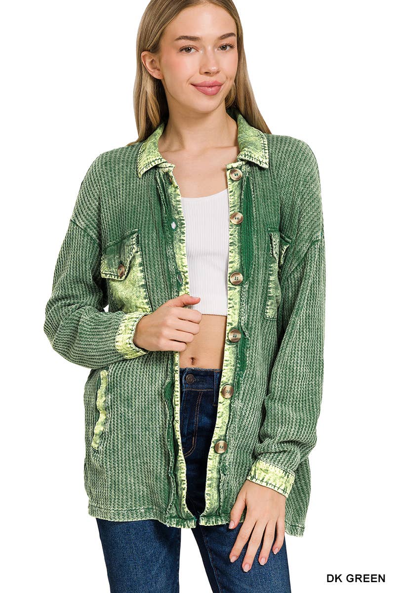 ',....Waffle Acid Wash Oversized Shacket Reg/Crop