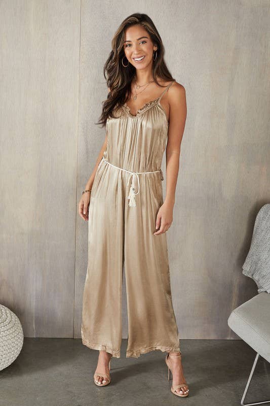 SMALL RUFFLE WIDE LEG SOFT SATIN JUMPSUIT (50814)