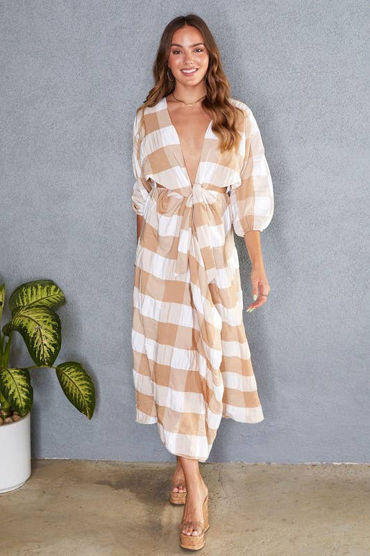 PLAID DEEP V-NECK 3/4 SLEEVE MAXI DRESS (50370-PLAID)