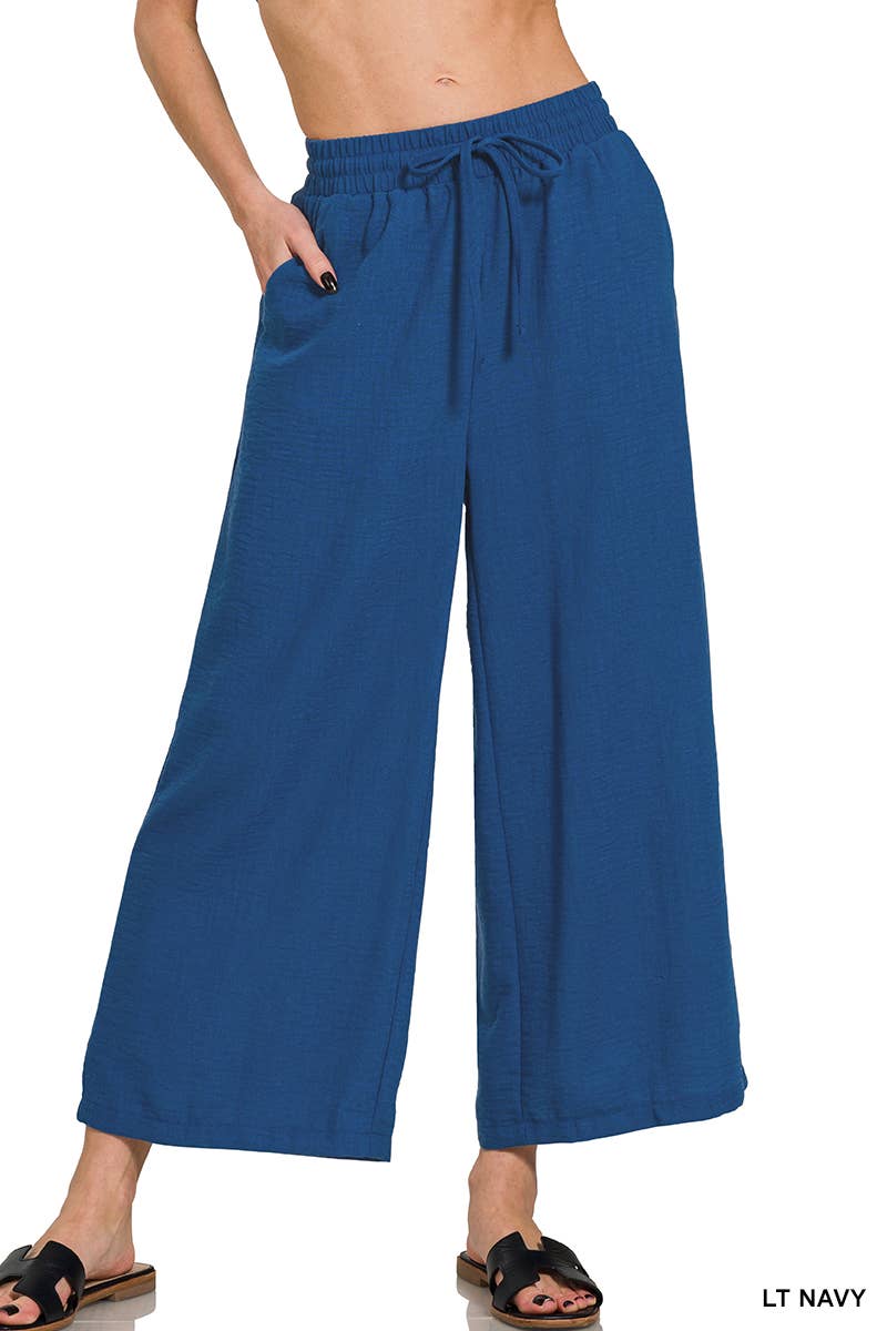 ", Drawstring Elasticband Waist Wide Pants W/ Pockets